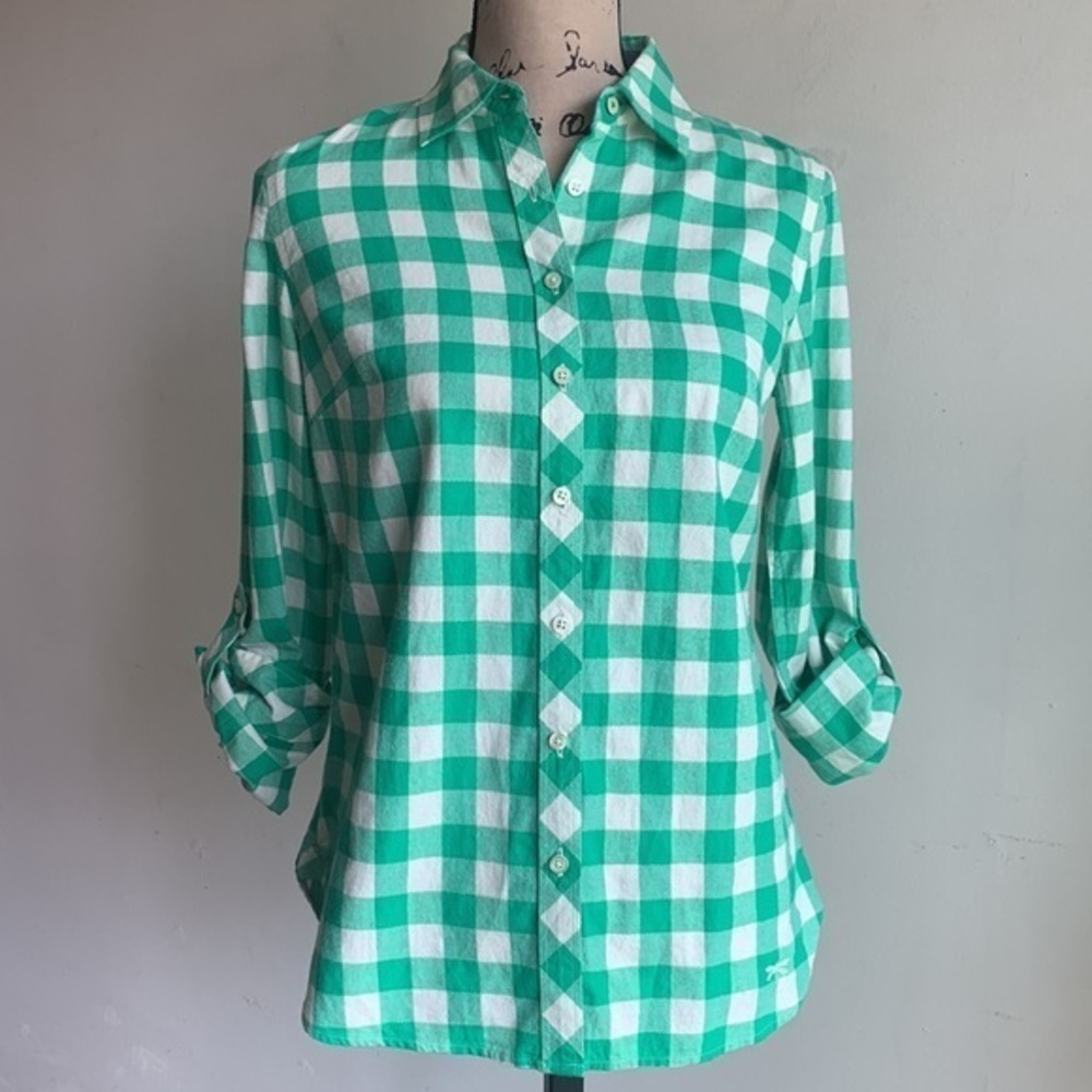 Talbots Checkered Plaid Green White Metallic Button Down Top Sz XS NWT